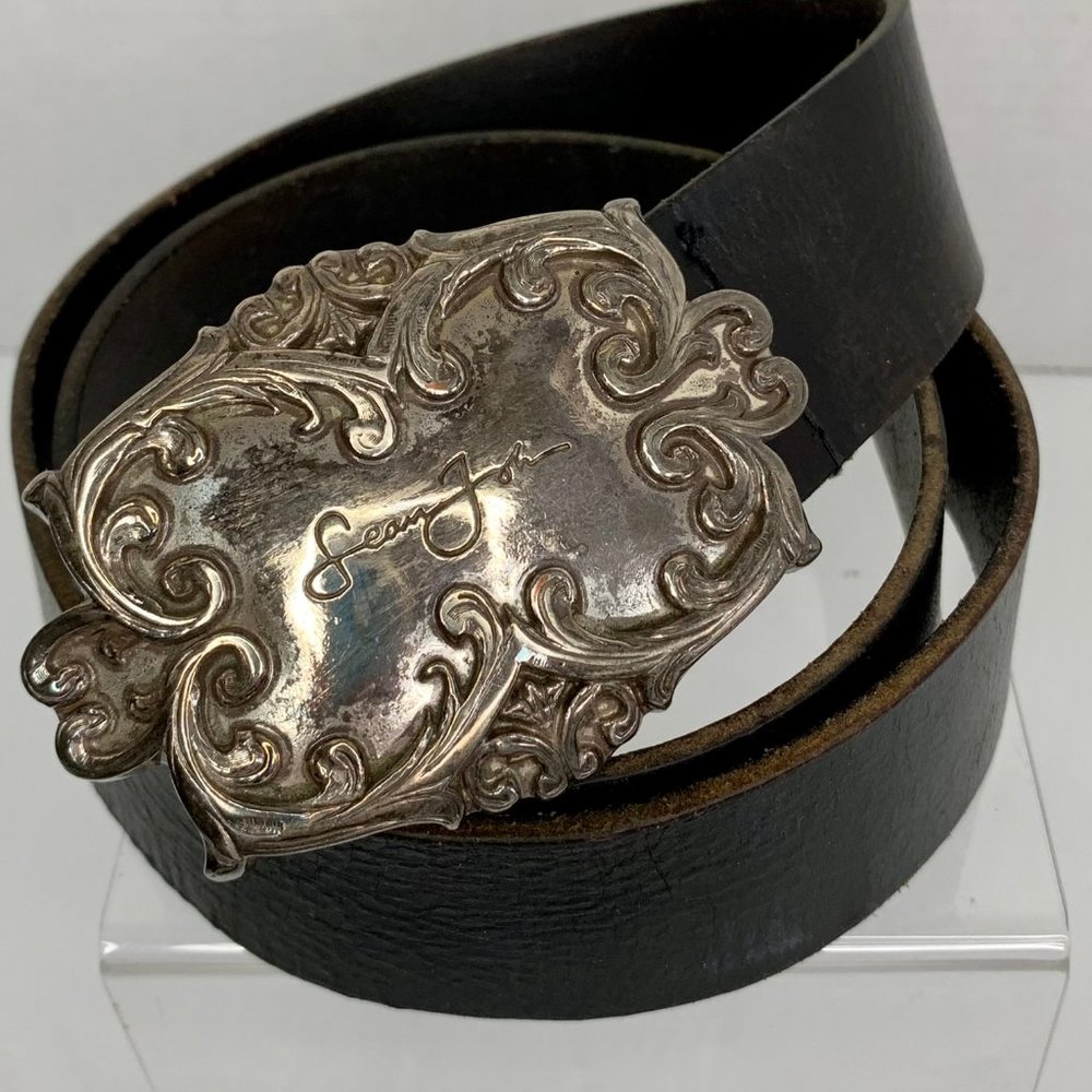 Sean John Black Leather Belt Men's Heavy Hammered Silver-T Buckle Sz. XL Western